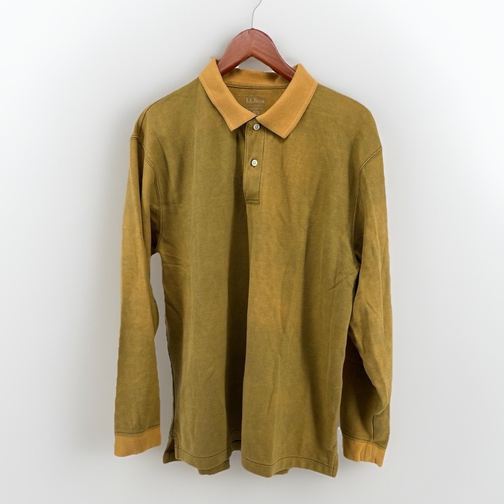RARE L.L. Bean Polo Shirt Men Large Mustard Tie Dye Fade Cotton Long